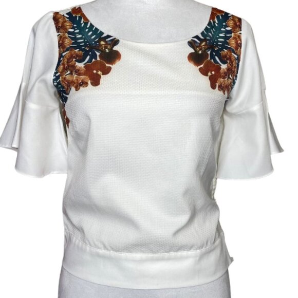 Plains & Prints Off White Floral Abstract Blouse Bell Sleeve Strappy Back Sz 2 - Picture 1 of 8
